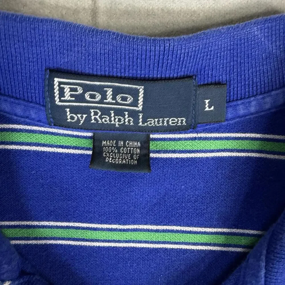 VTG Polo Ralph Lauren Shirt Mens Large Blue Green Striped Pony Short Sleeve 90s